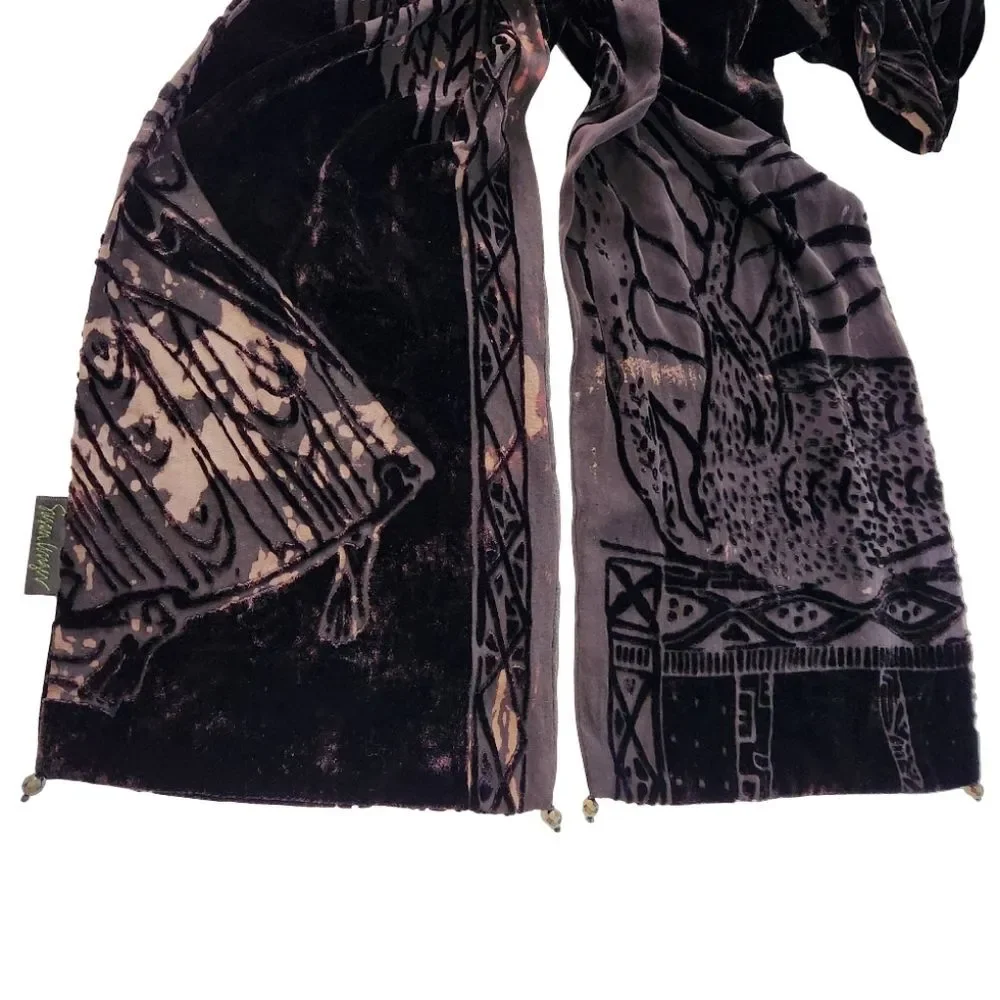 Vintage 90s Susan Unger Silk Velvet Burnout Scarf Chocolate Brown Quiet Luxury